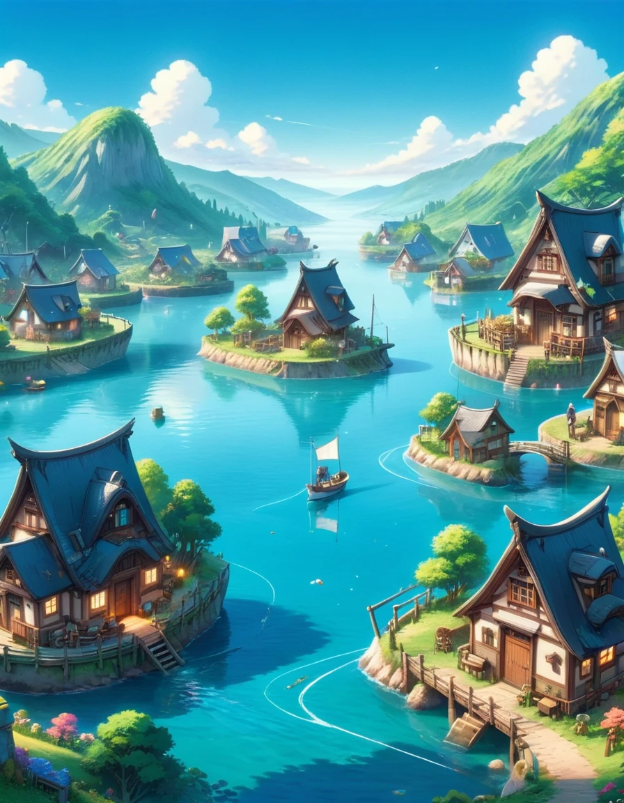 epic shot, high details, sharp edges, cute anime landscape, fishing village, blue water, blue skies, tiny houses, picturesque <lora:ral-anmwrlds-sdxl:1> ral-anmwrlds
