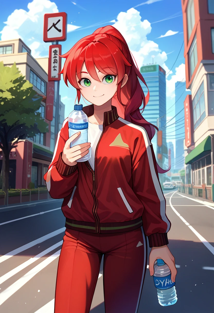 score_9, score_8_up, score_7_up, source_anime, solo, 1girl, pyrrhadef, smile, looking at viewer, holding water bottle, ponytail, red jacket, track jacket, open jacket, long sleeves, white shirt, red pants, outdoors, city street <lora:rwby_pyrrhanikos_ponyXL:1>