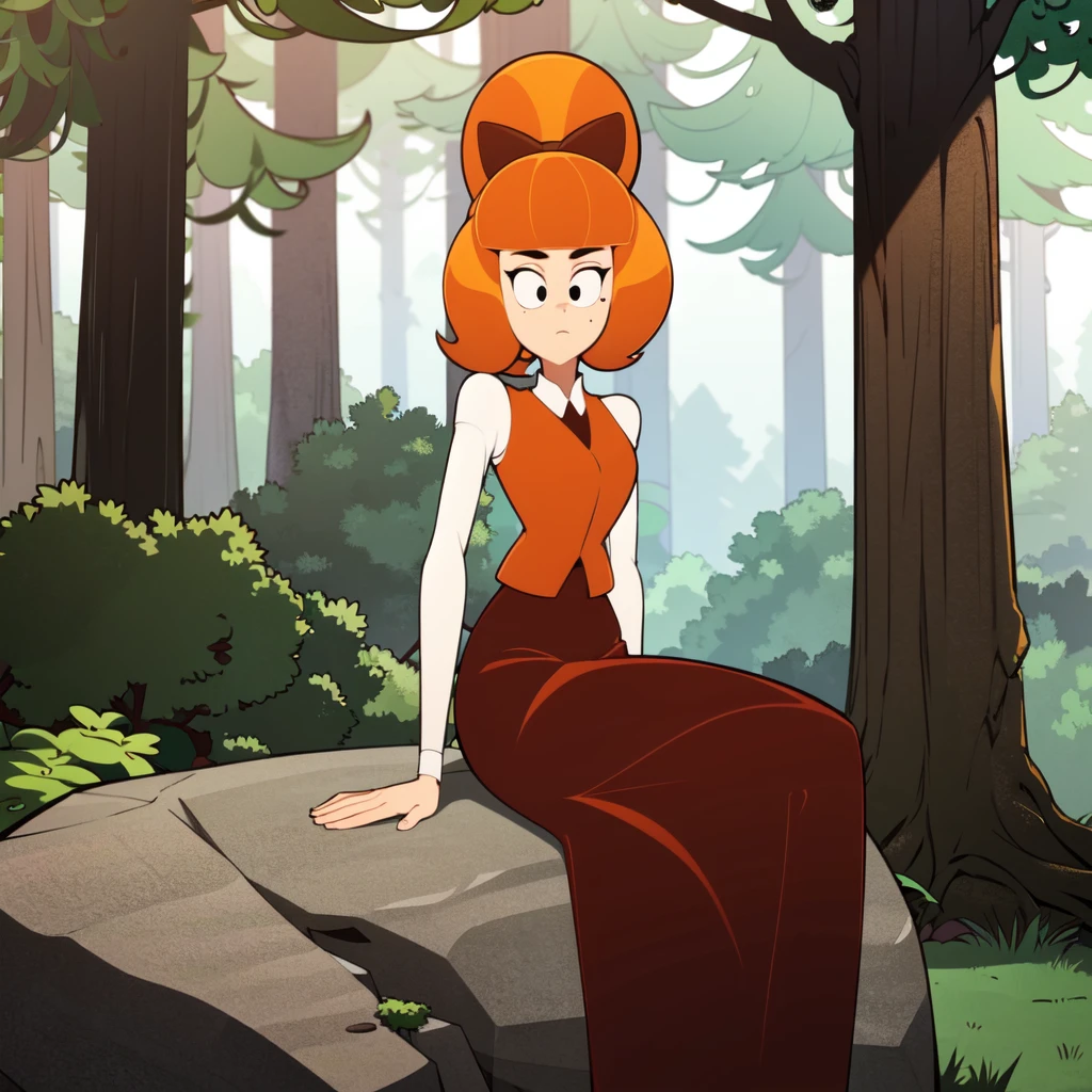 1girl, solo, Signorina Betty, black eyes, ponytail, hair bow, orange hair,  red vest, white shirt, long sleeves, long skirt,   <lora:Signorina_Betty_Leaf2-10:0.8>,  cowboy shot, forest, looking at viewer, sitting, sitting on rock