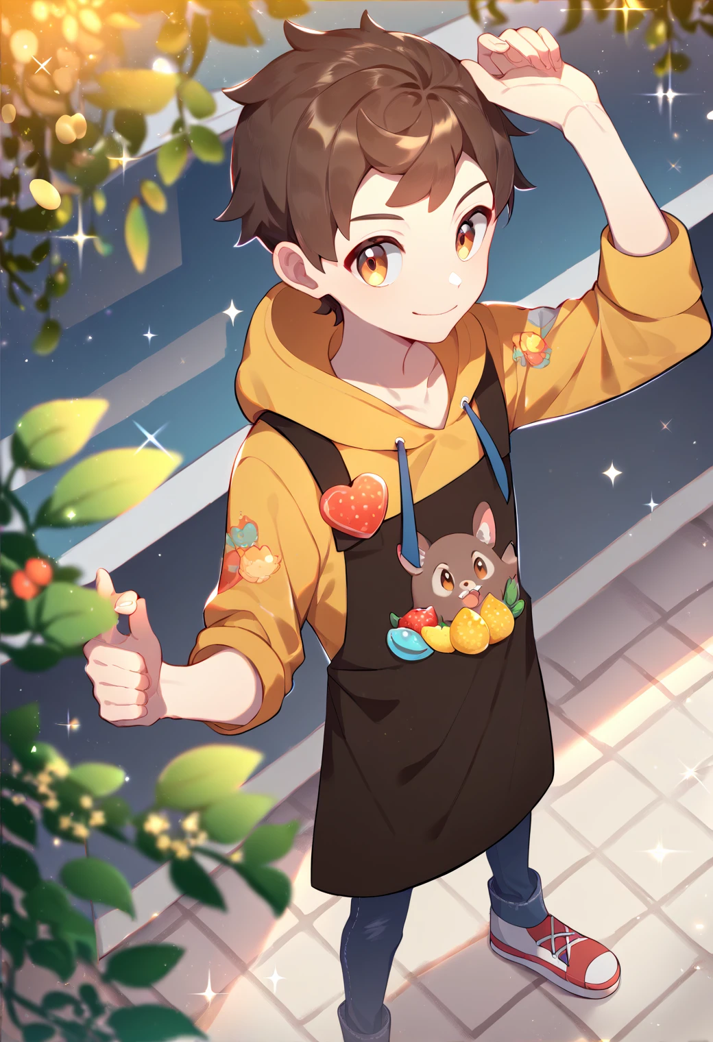 score_9, score_8_up, score_7_up, score_6_up, score_5_up, score_4_up, best quality, amazing quality, best aesthetic, absurdres, solo ,victor_val, brown hair, brown eyes, yellow hoodie, brown apron, sneakers, blue pants<lora:EMS-350938-EMS:1.000000>