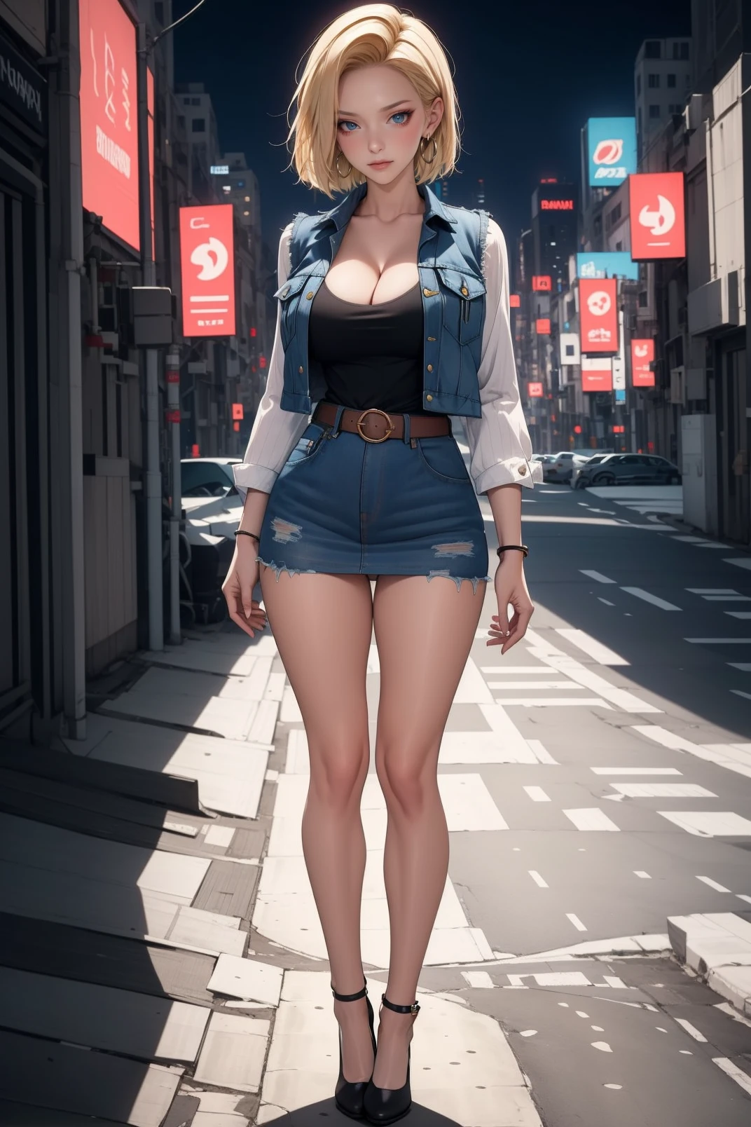 (best quality, masterpiece:1.2), ultra-detailed, android 18, denim, breasts, denim skirt, skirt, jewelry, earrings, belt, denim jacket, solo, cleavage, large breasts, shirt, looking at viewer, long sleeves, hoop earrings, thighs, black shirt, (full body:1.4), collarbone, closed mouth, jacket, vest, shirt tucked in, bangs, buckle, building, cyberpunk city, night, blue skirt, belt buckle, high heel shoes