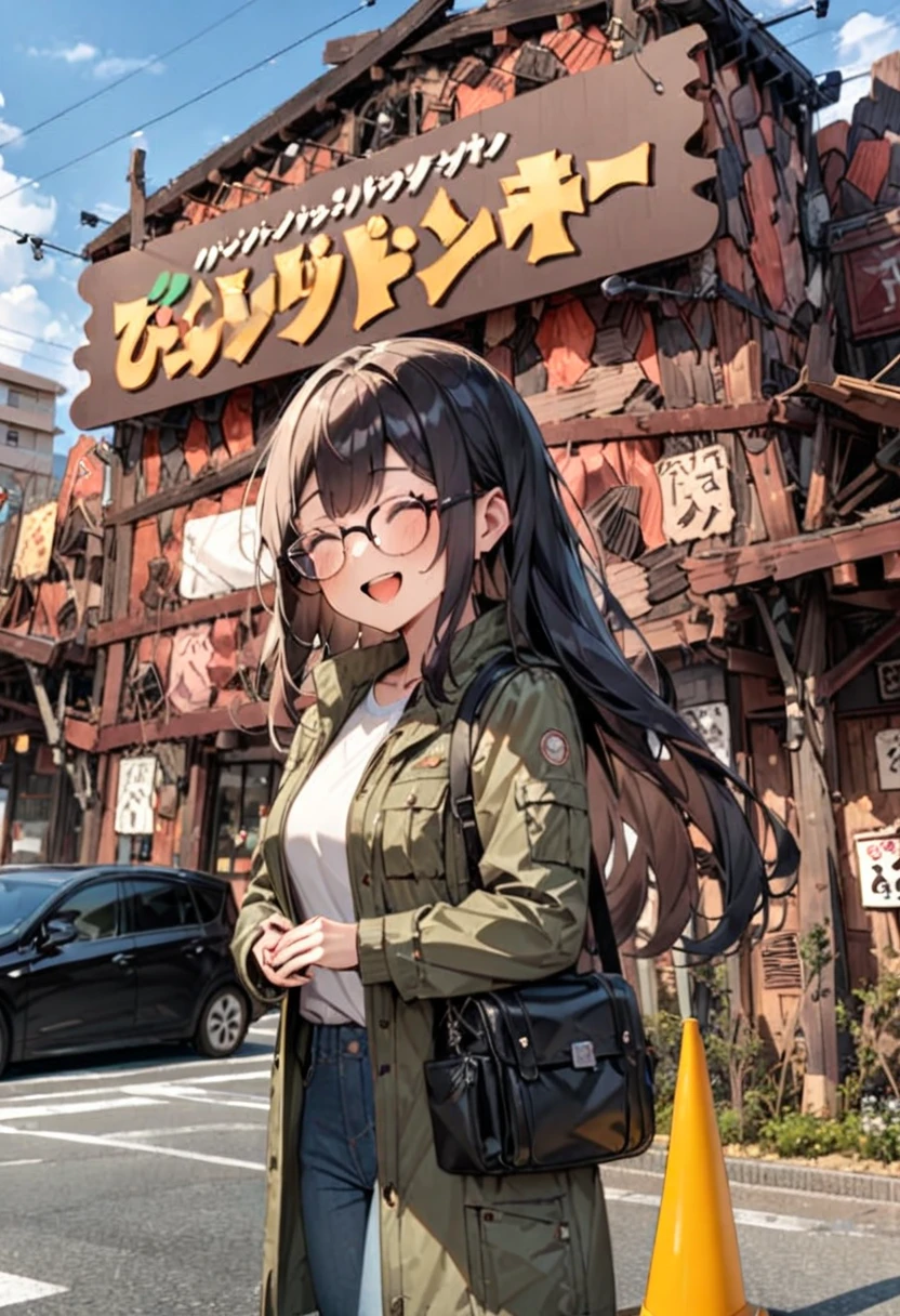 masterpiece, best quality, very aesthetic, absurdres,
1girl, solo, glasses, black hair, long hair, field jacket, ants, black bag, smile, laughing, looking at viewer, solo focus,
bikdonama, storefront, car, traffic cone, road, outdoors, sky, day, cloud, power lines, building, sign, real world location, utility pole, blue sky, road sign
<lora:bikkuri_donkey1_SDXL_V1:0.8>