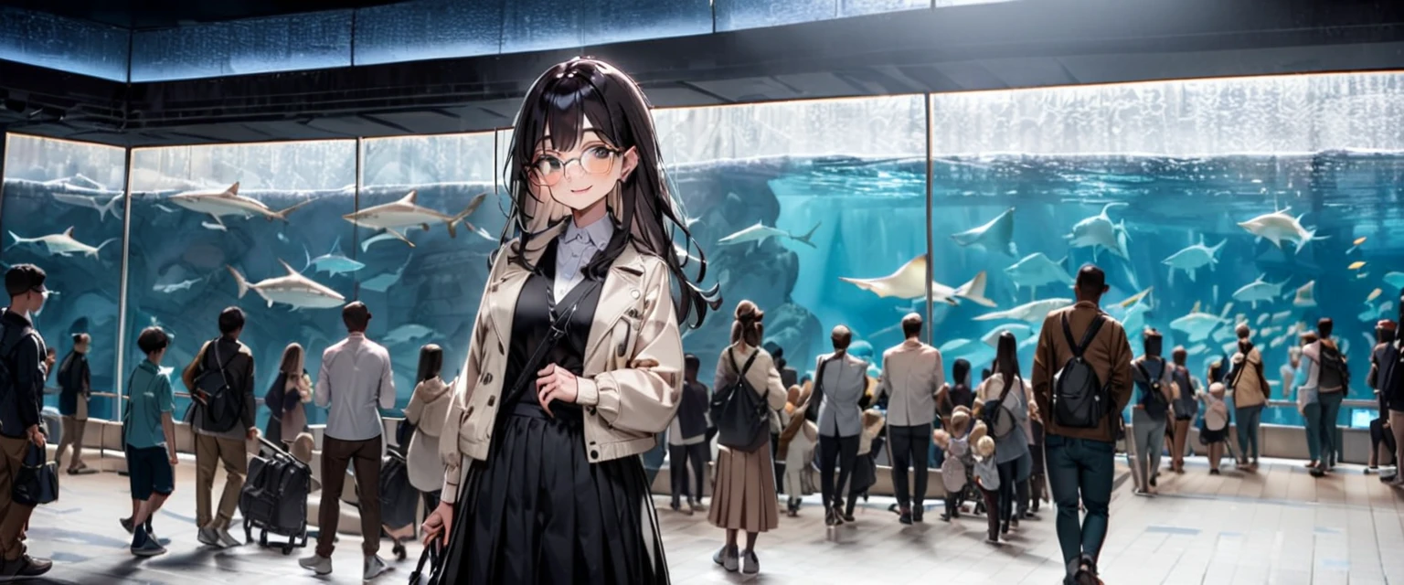 masterpiece, best quality, very aesthetic, absurdres,
1girl, solo, glasses, black hair, long hair, jacket, skirt, black bag, smile, looking at viewer, solo focus,
sumasui, aquarium, 6+boys, multiple boys, multiple girls, walking, scenery, 6+girls, bag, crowd
 <lora:sumasui_SDXL_V1:1>