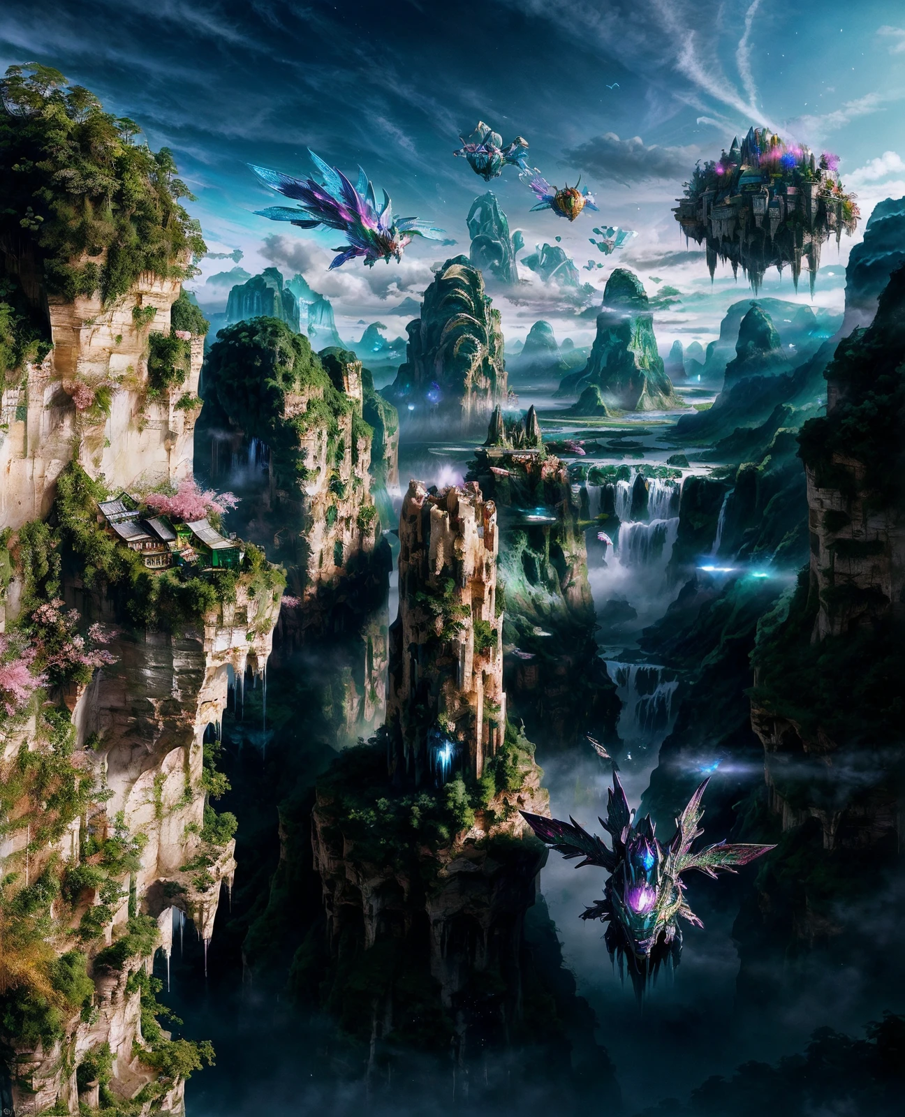 breathtaking  <lora:quiron_LegendaryLandscapes_v1_Lora:0.87> LegLandscapesQuiron, legendary landscapes by quiron, landscapesquiron,  surreal, particles, chromatic aberration,  glowing,  shiny,  scenery, landscape, nature,  fantasy , waterfall , intricate artwork masterpiece, impressive, stunning, a city floating on clouds,  flying creatures, , Blooming Valley, . award-winning, professional, highly detailed