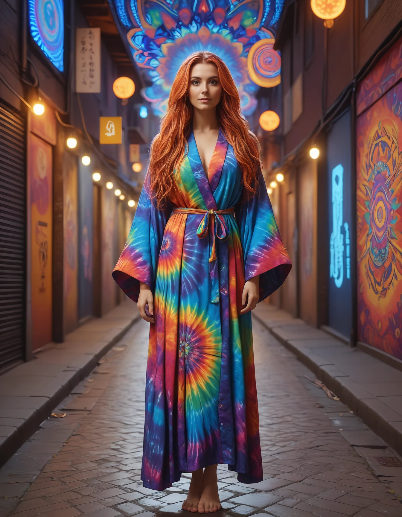 <lora:EPtiedyeworldSDXL-15:1> , blurry background, hyper detailed, EPtiedyeworld, psychedelic, funky, retro, multicoloured,  scholar, robe, mature woman, long hair, multicolored hair, glowing eyes, full body, alley, outdoors, neon lights, city, night