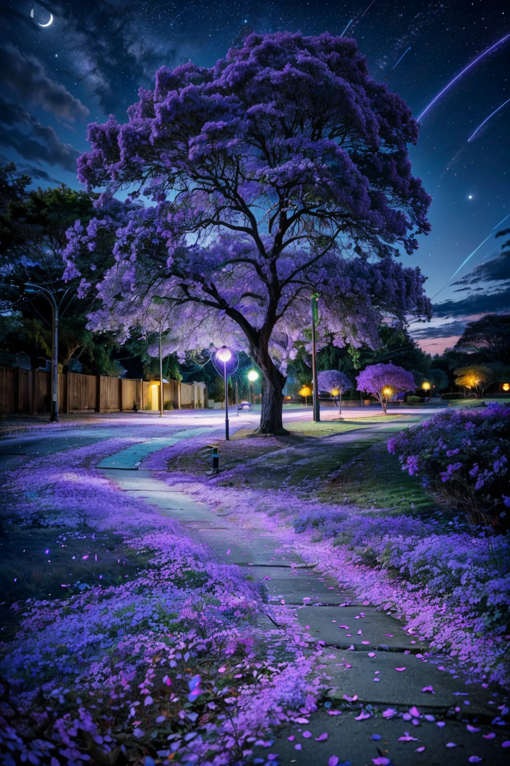(ultra realistic,32k, masterpiece:1.2),(high detailed:1.1),( high quality:1.1), <lora:Purple_Flower_Tree_Street:0.8>, Purple_Flower_Tree_Street, night, moon, fireflies, scenery, vast landscape, blooming stars, luminescent petals, otherworldly fragrance blurry background, <lora:add_detail:0.92>, (glowwave:1.1),