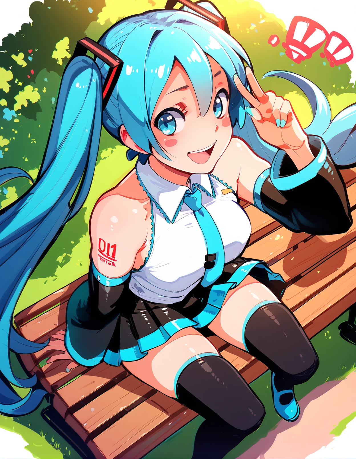 score_9, score_8_up, score_7_up,  score_6_up,  a girl sitting on a park bench, smile, looking at viewer, open mouth, detached sleeves, black skirt, black thighhighs,  hatsune miku,  <lora:sr_style_pony_v1_s1190:1> , from above, blush stickers,