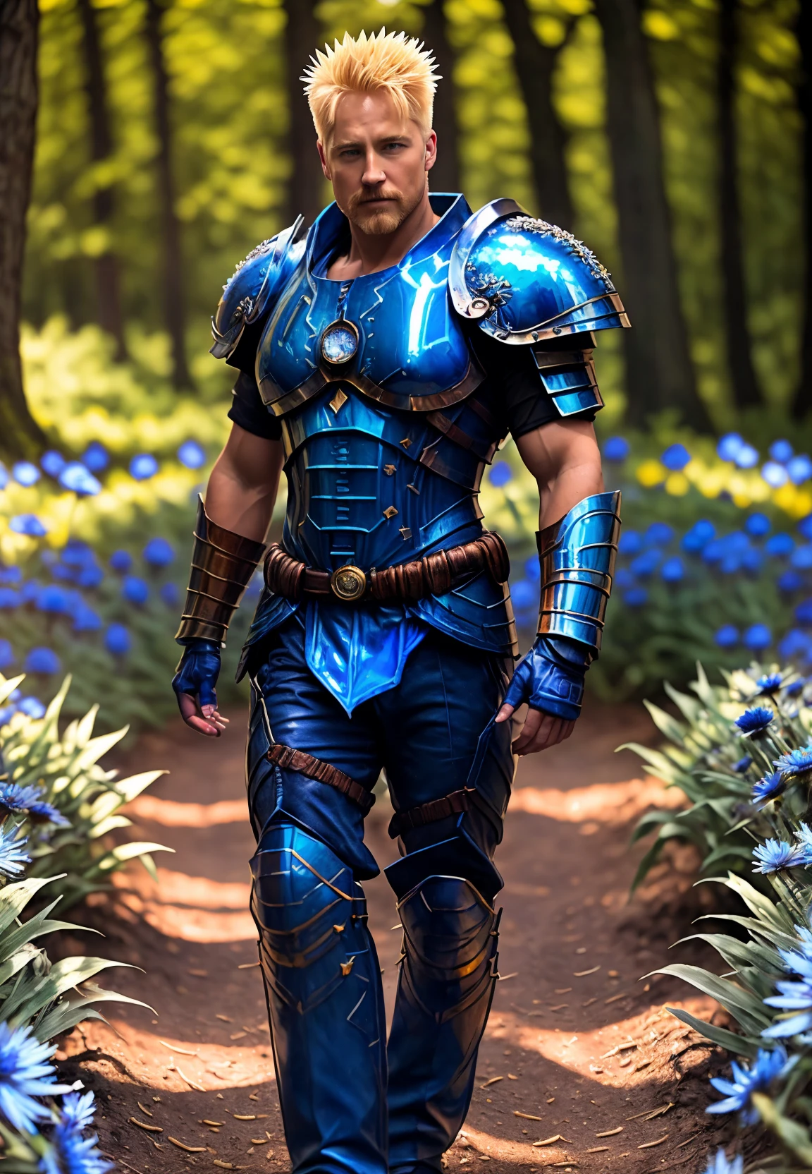 head out of frame, photorealistic 8k raw photography, (man in Cornflower Blue hdsrmr:1.3), medium hair, (honey blonde short mustache:1.2), Intricate details, burly physique, Enhanced reflection, Dynamic stance, Fiery aura, Insane color palette, Magical Mushroom Forests background full of busy people, Shimmering reflections, Mysterious lighting, Intriguing setting <lora:Armor from HaDeS v8.0 SD1.5:0.7>