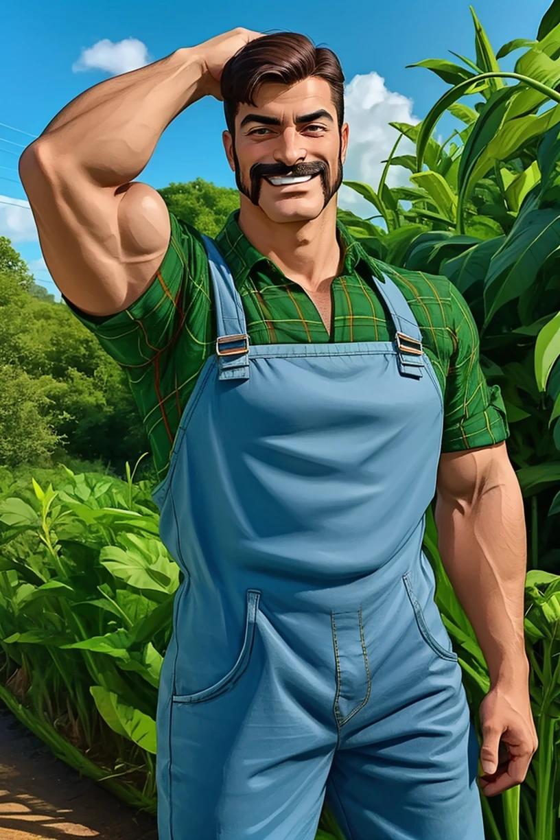 (RAW photo), <lora:FarmerJohn:0.75>, farmerjohn, (mustache:0.7), high quality, brown eyes, 1boy, muscular, outdoors, veins, sleeves rolled up, plaid shirt, overalls, (bulge:1.1), green shirt, smirk, dynamic pose