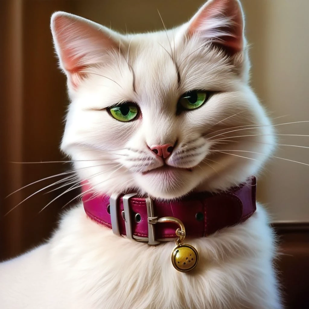 Realistic, solo, no humans, animal, cat, half-closed eyes, smile, collar, white fur, green eyes