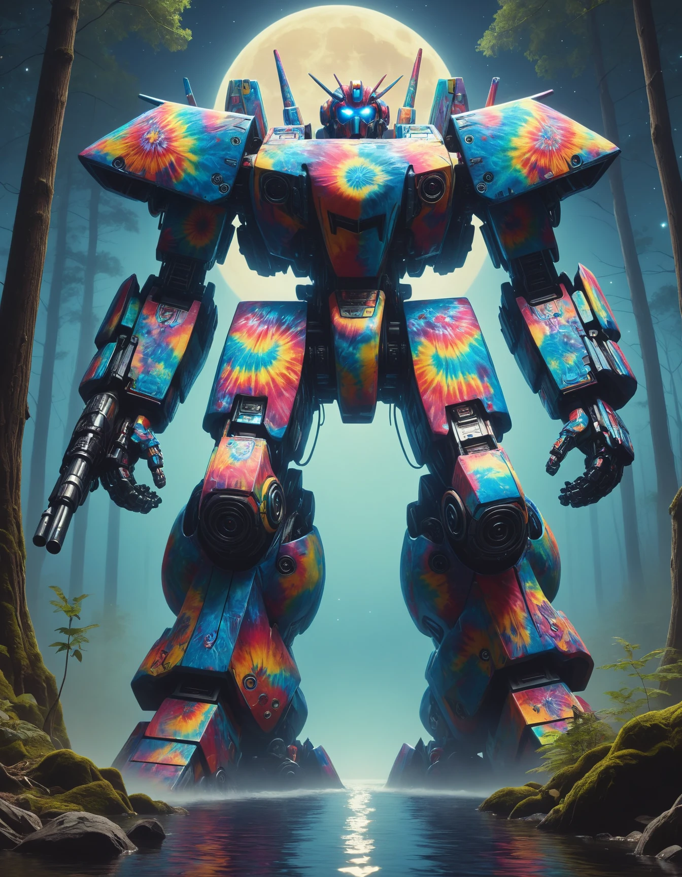 <lora:EPtiedyeworldSDXL-15:1> , blurry background, hyper detailed, EPtiedyeworld, psychedelic, funky, retro, multicoloured,  giant battle mech, forest, lake, full moon, night