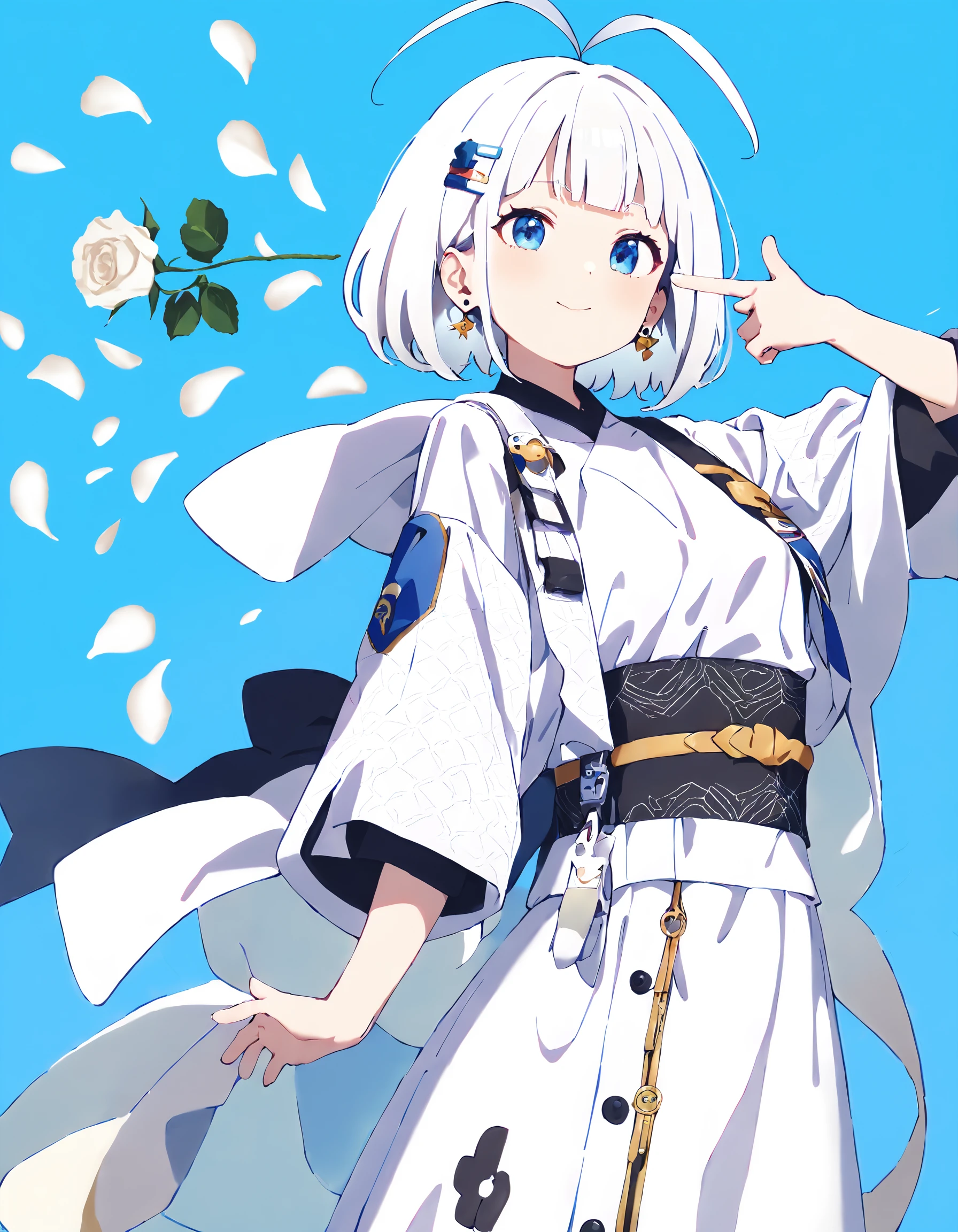 1girl,solo,mamyouda,haku geroda,popman3580,
happy,blunt bangs,antenna hair,earrings,hairclip,sash,dynamic_angle,patterned background,
white hair,white clothes,white rose,<lora:boom finger gun_XL_bx-v1.03:1>,finger gun,rose,petals,
masterpiece,best quality,absurdres,, (masterpiece,best quality,absurdres),