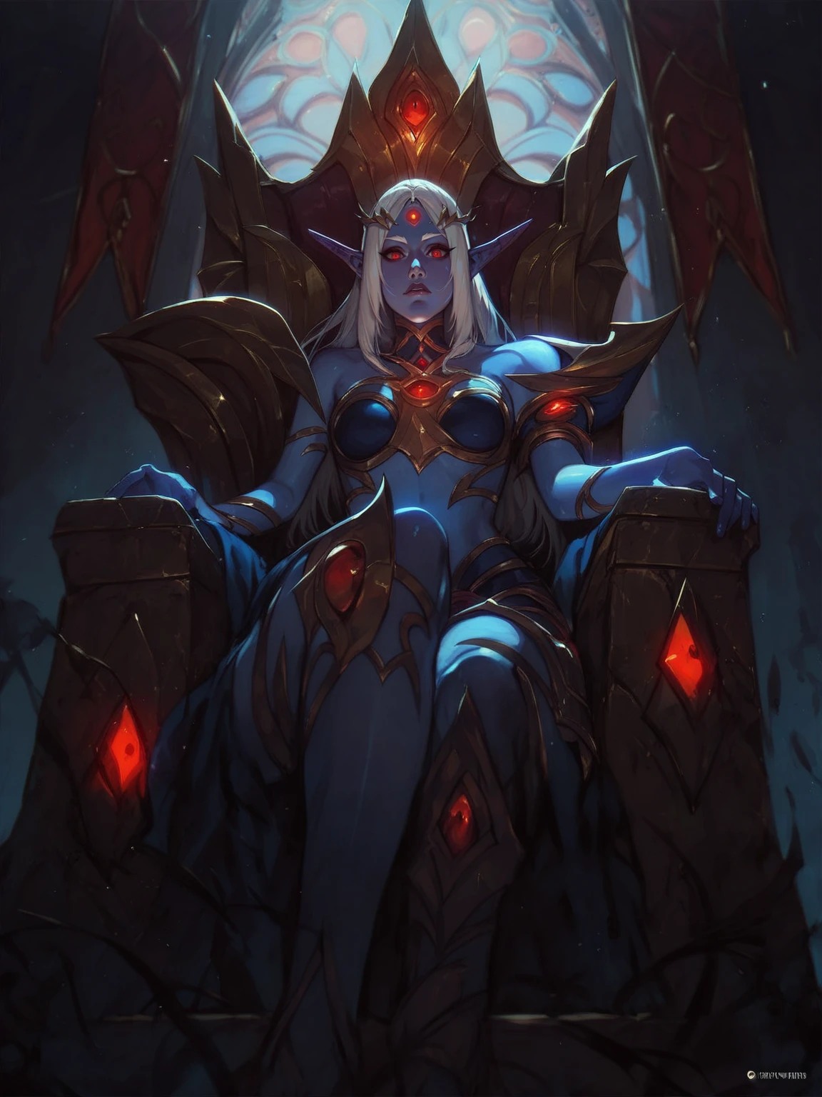1girl, grand throne room, dark elf kingdom, imposing dark elf queen, blue skin and red eyes, obsidian armor adorned with swirling patterns of glowing rubies, throne adorned with obsidian and rubies, solo, indoors, red eyes, <lora:LeagueOfLegends-000008:0.9>, score_9, score_8_up, score_7_up, score_6_up