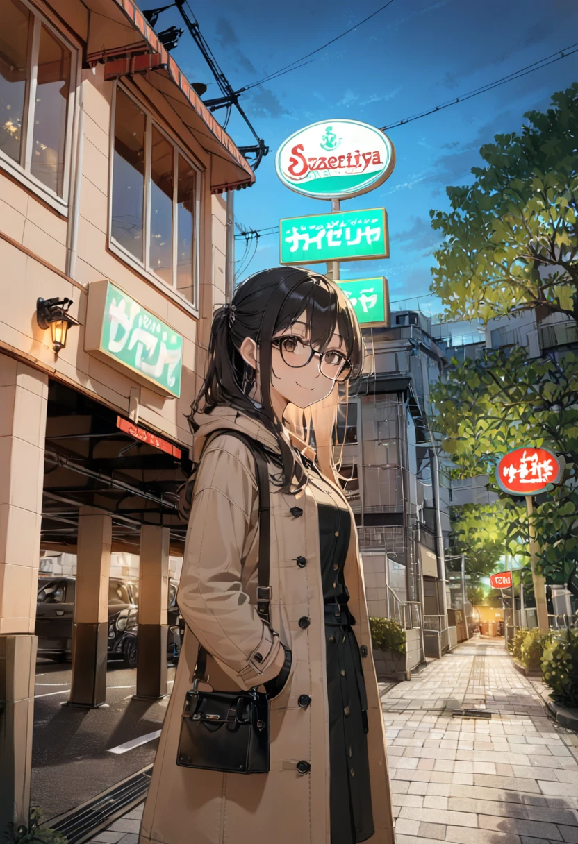 best quality, ultra-detailed, illustration,
1girl, solo, glasses, black hair, long hair, duffle coat, black bag, smile, looking at viewer, solo focus,
saizeriya, storefront, scenery, outdoors, sky, tree, power lines, sign, building, road sign, real world location, lamppost, cloud, utility pole, night, road, neon lights, 
 <lora:saizeriya_ex_SDXL_V1:1>