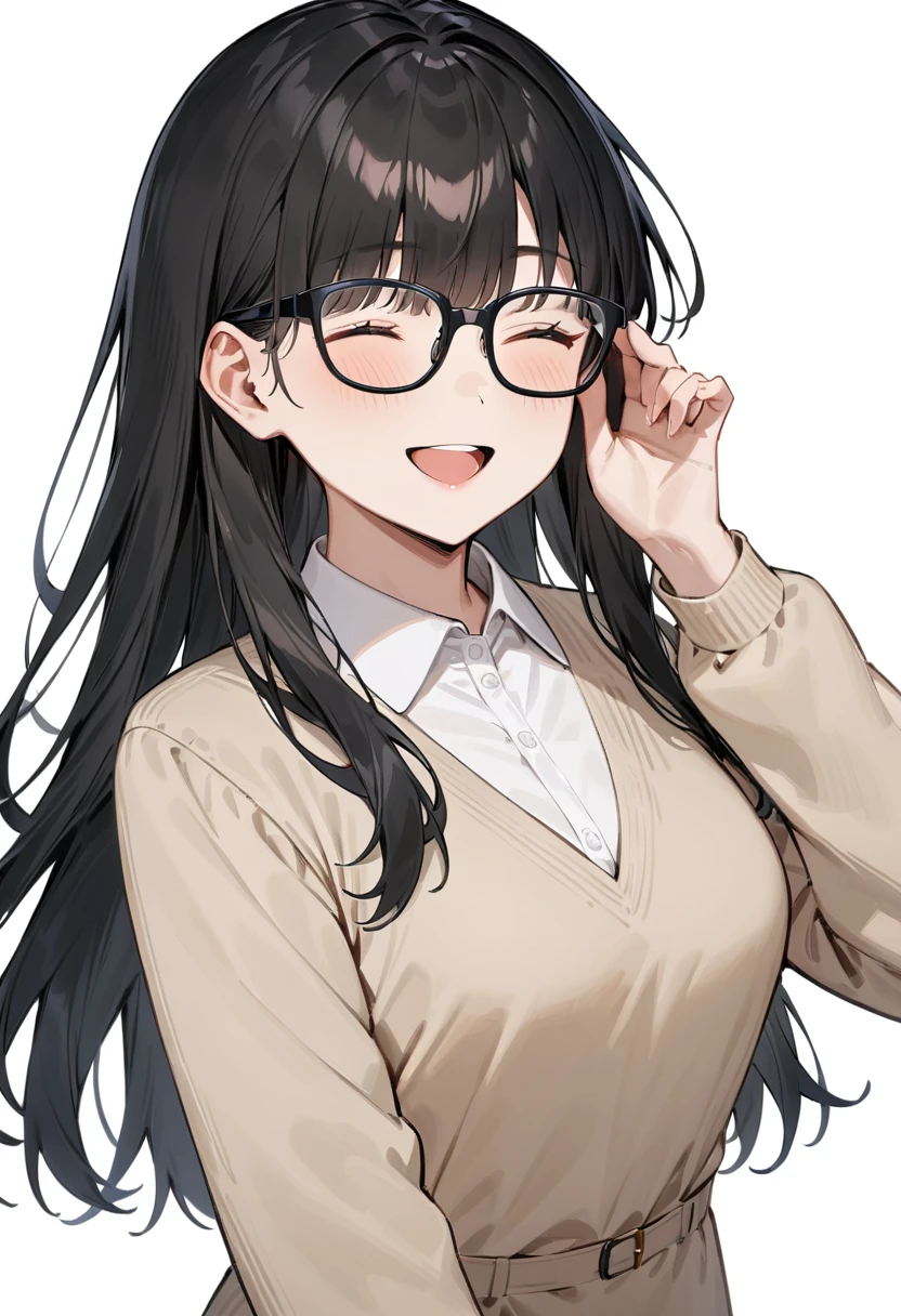 masterpiece, best quality, very aesthetic, absurdres, 
1girl, solo, black hair, long hair,
Wellington22A, glasses, black-framed eyewear,
collared shirt, happy, smile, looking at another, adjusting eyewear, white background, simple background, 
 <lora:glasses_Wellington_cellframe1_SDXL_V1:0.8>