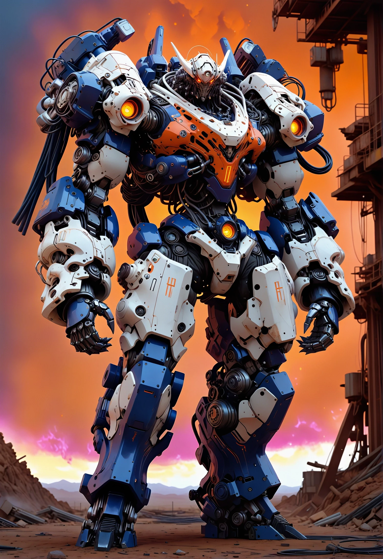 robot, woman in a Heavy Mech holding a giant swordanime artwork cinematic photo Awe, Oversaturated, deep orange sky, Frightening, Cathode tube, dreamy, a Desert full of plump Firefighter (robot, heavy mech, power armor, exoskeleton, detailed, intricate details, futuristic:1.3) , they are cosplaying as Kwan Yin, >', they have Honey hairstyle, Manic, Grayscale, deep indigo and Fuchsia details, Joyful, Offset print, Encaustic Paint, Disgusting, electric orange and Blue neon hue, halation, Dark and Gritty, Albumen, Saturn's rings, Futuristic Robot in Heavy Mech Power Armor w/ Exoskeleton - Detailed & Intricate Design Elements - High Quality Image . 35mm photograph, film, bokeh, professional, 4k, highly detailed . anime style, key visual, vibrant, studio anime, highly detailed