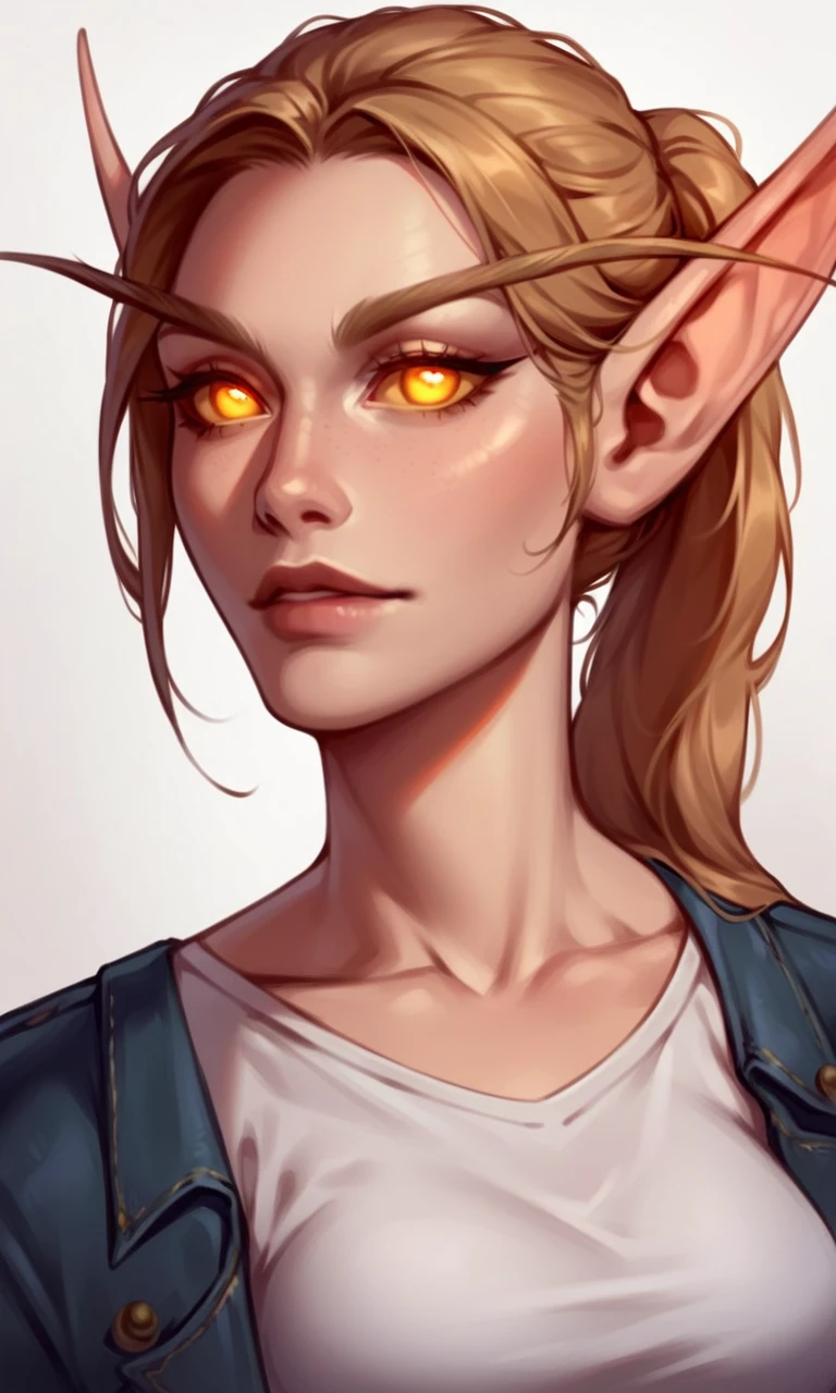 Lady Liadrin, elf, pointy long ears, light brown hair, ponytail, long eyebrows, yellow sclera, yellow eyes, glowing eyes, jeans, white shirt warcraft elf, masterpiece, score_9, score_8_up, score_7_up, score_6_up, score_5_up, score_4_up, <lora:Lady_Liadrin_world_of_warcraft_PonyDiffusion-000003 (1):0.5>, (close-up:1.2)