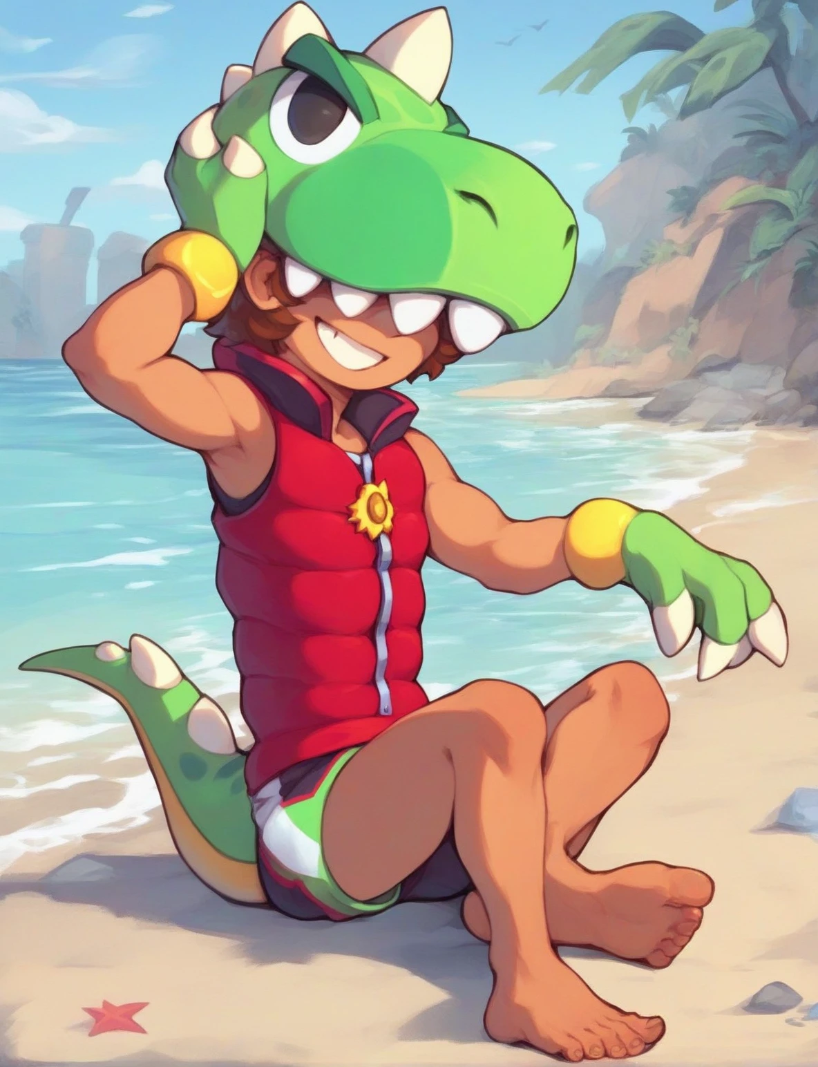 <lora:Leon:1> Leon, solo, smile, brown hair, 1boy, dino leon, dinosaur hat, claws, sleeveless, red vest, grey short, beach, sky, full body, human legs, covered eyes, barefoot, sitting,, score_9, score_8_up, score_7_up, score_6_up, score_5_up, score_4_up,