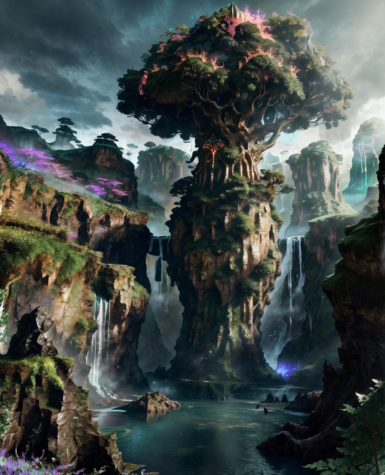 breathtaking <lora:quiron_LegendaryLandscapes_v1_Lora:0.87> LegLandscapesQuiron, legendary landscapes by quiron, landscapesquiron, surreal, particles, chromatic aberration, glowing, shiny, scenery, landscape, nature, fantasy , tree , intricate artwork masterpiece, impressive, stunning, Celtic , Ethereal Waterfalls, . award-winning, professional, highly detailed