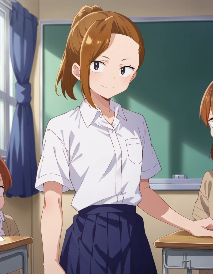 score_9, score_8_up, score_7_up, source_anime,
serinayoshida, <lora:serina-yoshida-s2-ponyxl-lora-nochekaiser:1>,
serina yoshida, brown hair, ponytail, black eyes,
skirt, shirt, school uniform, white shirt, short sleeves, pleated skirt, collared shirt, blue skirt,
indoors, classroom, smile,
looking at viewer, cowboy shot, dutch angle, solo