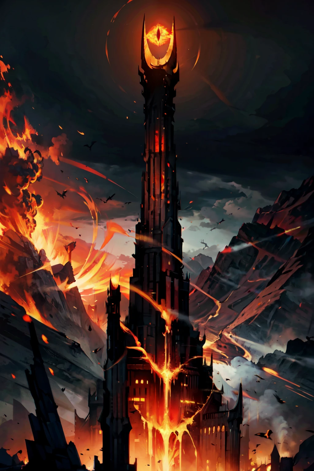 ((masterpiece,best quality)), absurdres,   <lora:Saurons_Tower:0.8>,  SauronsTower, solo, fire, red theme, burning