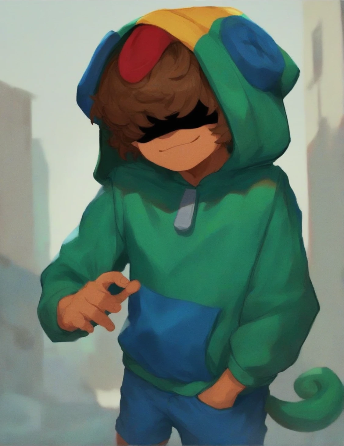 <lora:Leon:1> Leon, 1boy, solo, looking at viewer, brown hair, light smile, covered eyes, portait, ( hood:1.1), hood up, long sleeves, (hoodie:1.1), blue shorts, dramatic light, blue pocket, tail, score_9, score_8_up, score_7_up, score_6_up, score_5_up, score_4_up,