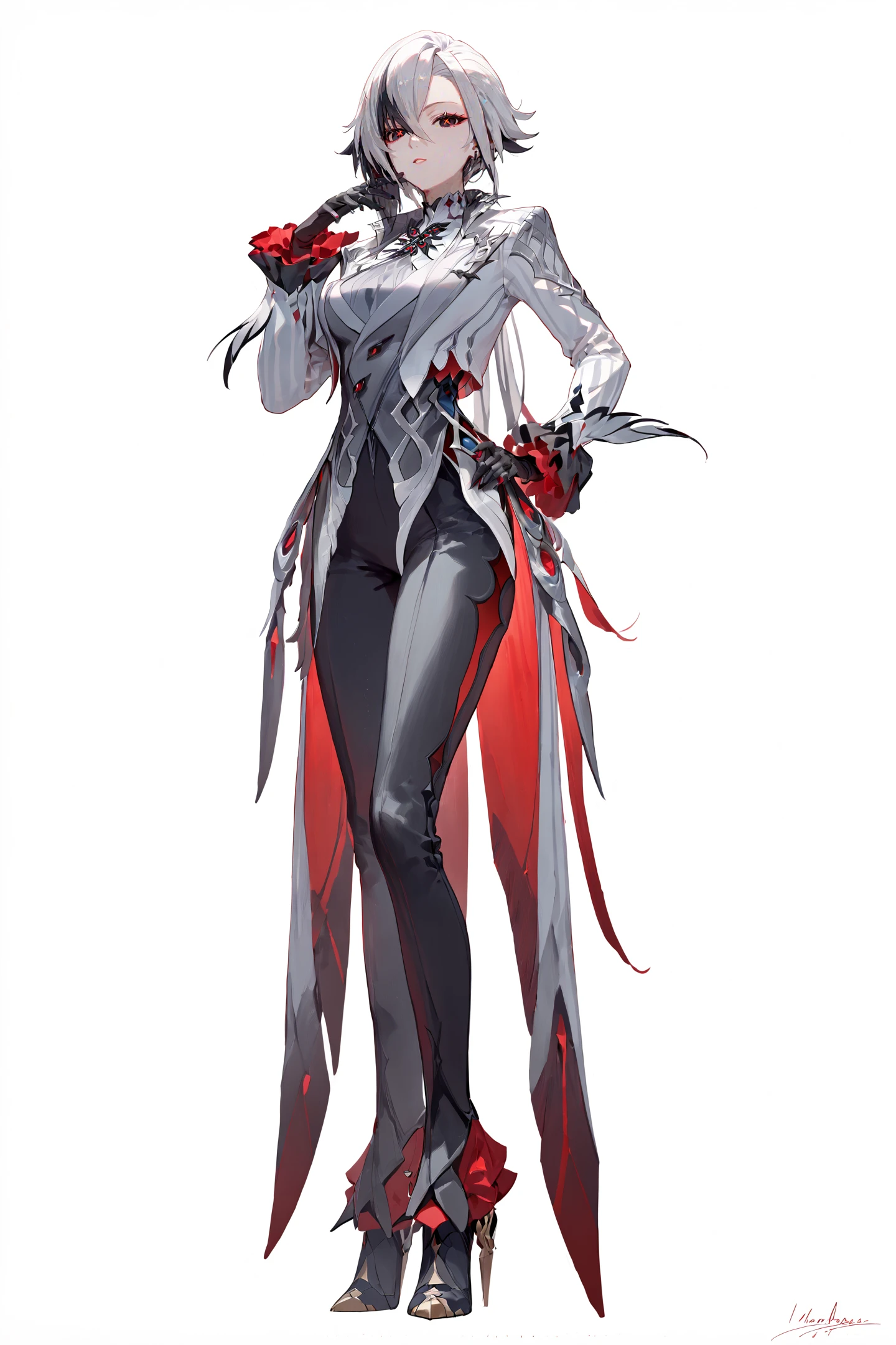 score_9, score_8_up, score_7_up, score_6_up,
8k, best quality, masterpiece, (ultra-detailed:1.1), (high detailed skin),
(full body:1.4), white background, standing, looking at viewer, (solo:1.4), hand on hip,
<lora:Arlecchino-pony-Tanger:0.8>, Arlecchino, def clothes, 1girl, x-shaped pupils, red pupils, black gloves, pants, symbol-shaped pupils, multicolored hair, black hair, white hair,
(white background, simple background:1.3),
(beautiful_face), ((intricate_detail)), clear face,
((finely_detailed)), fine_fabric_emphasis,
((glossy)), full_shot, <lora:Anime Boys Style SDXL_LoRA_20r_20e_8i_nr32_a16_Pony Diffusion V6 XL:0.5>,
<lora:HKStyle:0.6>,