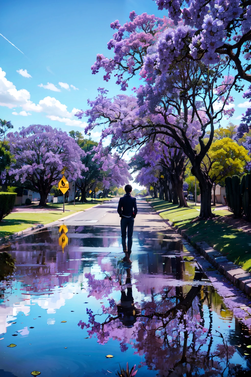 ((masterpiece,best quality)), absurdres,   <lora:Purple_Flower_Tree_Street:0.8>,   Purple Flower Tree Street, street,  solo, long hair, 1boy, standing, outdoors, sky, day, water, from behind, cape, tree, blue sky, scenery, reflection,