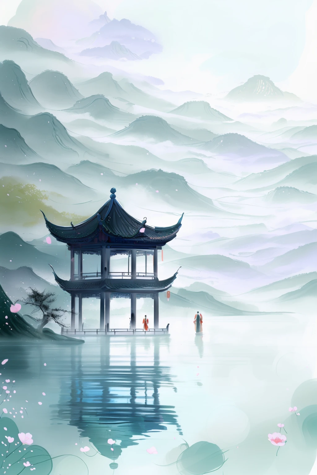 Lively and luxurious,Chinese traditional painting,a pavilion on the lake surface,distant mountains in a misty background,in the foreground a Chinese man and woman wearing red Hanfu standing at one side of the gazebo,calm water with reflection,a soft pastel color palette,delicate brushstrokes,minimalism,in the style of an illustration,high resolution,<lora:gufengchahua1.5v3:1>,