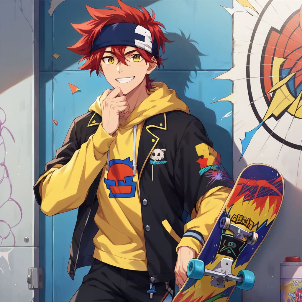 score_9, score_8_up, score_7_up, reki kyan, 1boy, solo, red hair, yellow eyes, blue headband, yellow hoodie, black jacket, black pants, skateboard, smile, looking at viewer, wall, graffity,