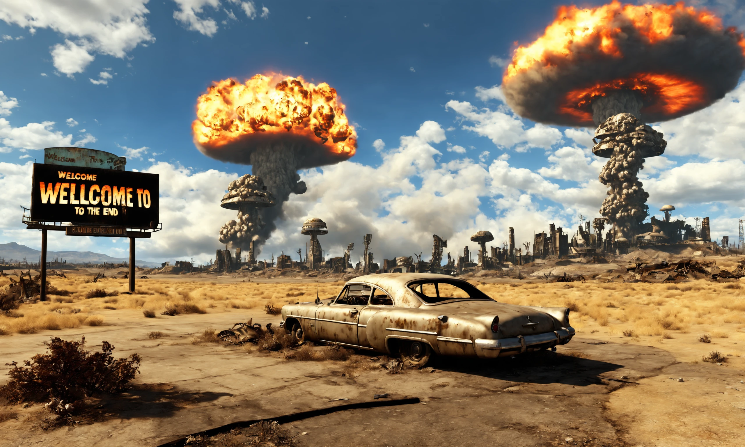 text" welcome to the end", billboard, wasteland ,<lora:falloutlandsdxl:0.8>, falloutlandsdxl, landscape, best quality, masterpiece, ruined city, nuclear explosion, mushroom cloud, fire, retro-futuristic ruined car,