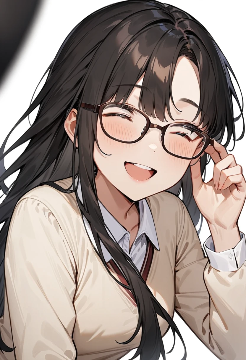 masterpiece, best quality, very aesthetic, absurdres, 
1girl, solo, black hair, long hair,
Wellington22A, glasses, brown-framed eyewear,
collared shirt, happy, smile, looking at another, adjusting eyewear, white background, simple background, 
 <lora:glasses_Wellington_cellframe1_SDXL_V1:0.8>