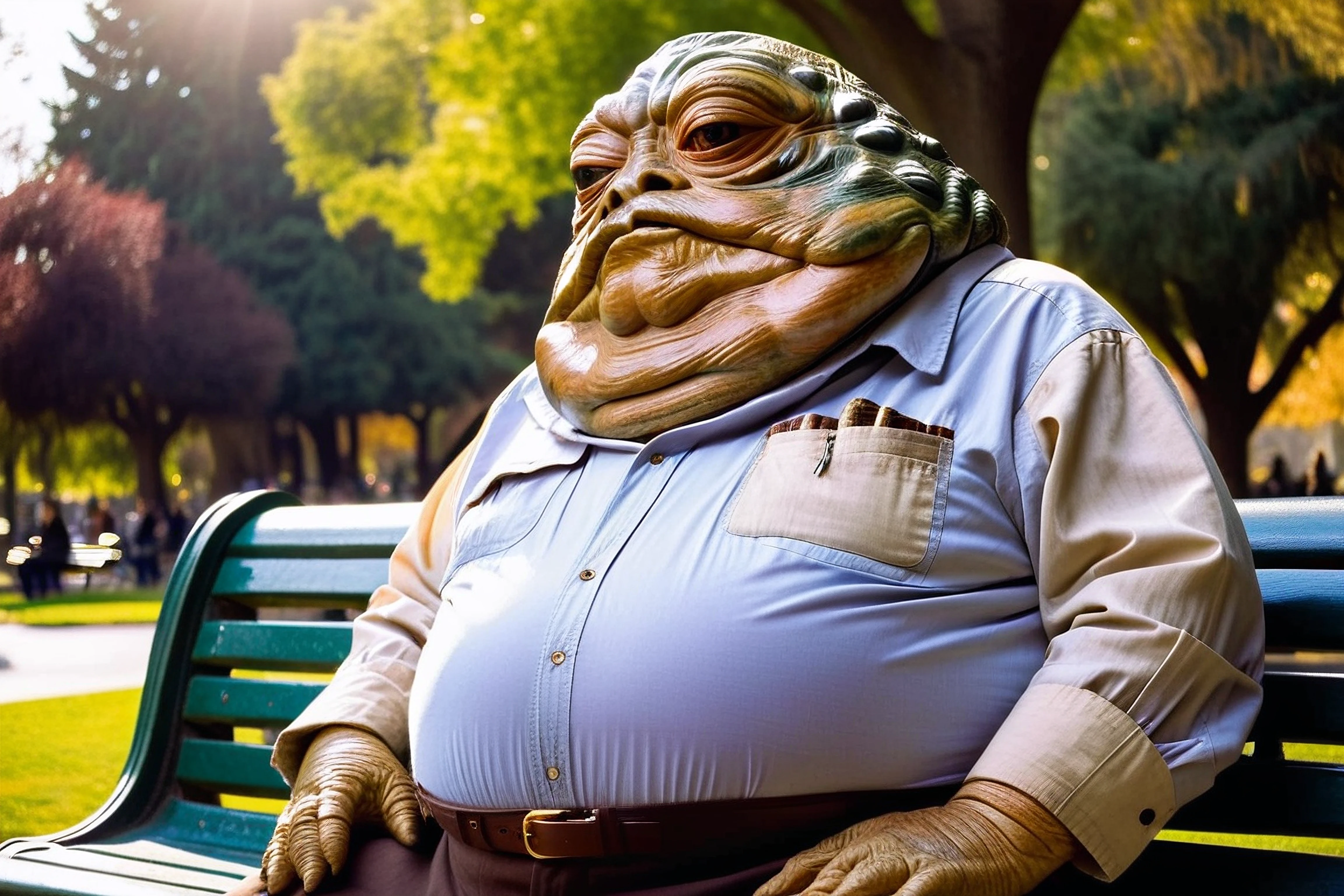 Photo, jabba_the_hutt is an old man, sitting on a park bench contemplating life, daytime, lens flare, button down shirt, brown slacks 