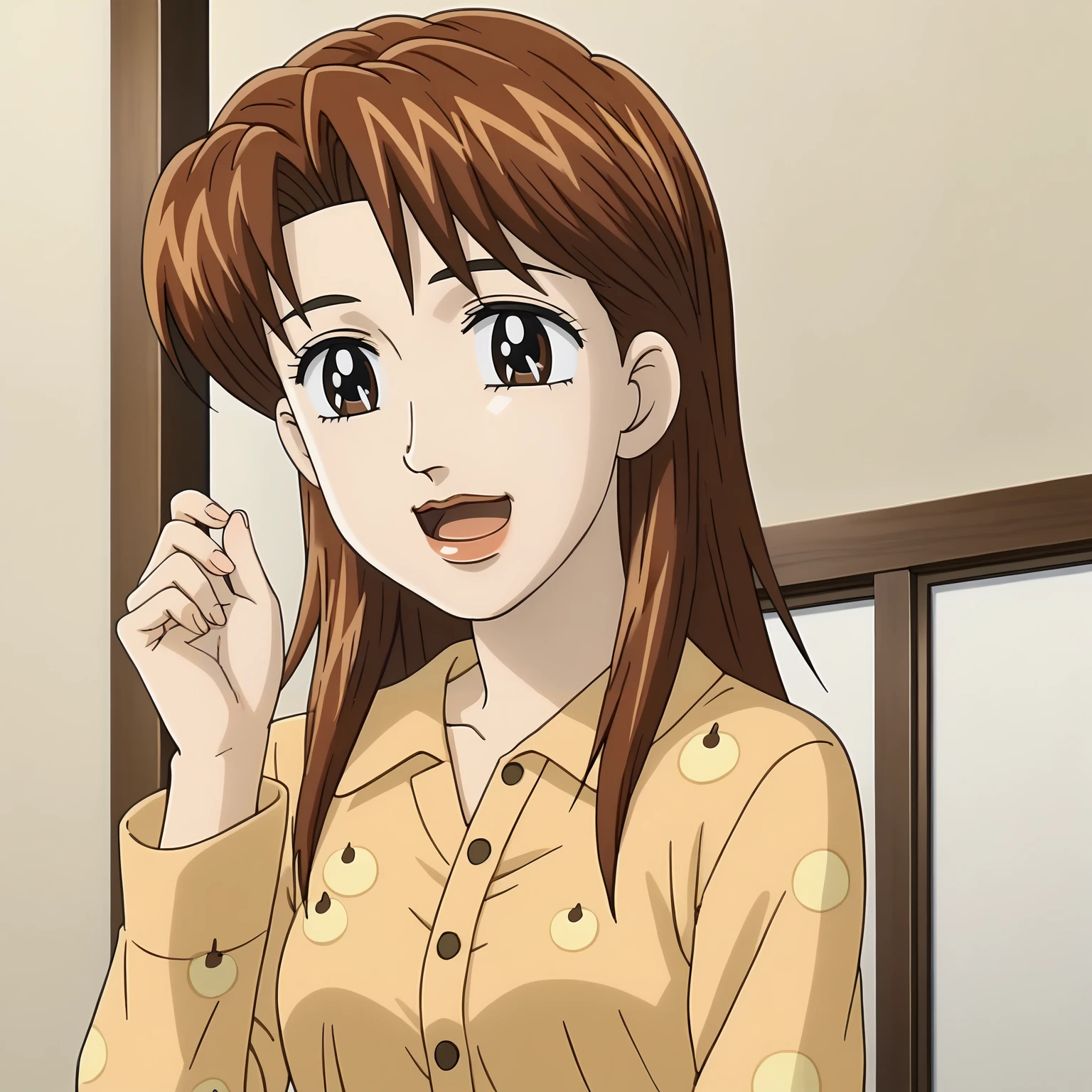 <lora:ReinaAkikawaXLpony001>,smile,open mouth,
solo,
ReinaAkikawa,1girl,brown hair,long hair,brown eyes,
pajamas,