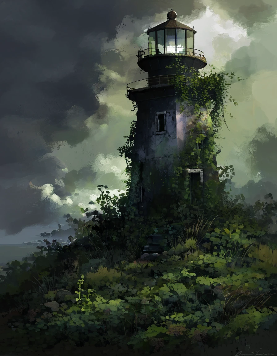 Abandoned lighthouse surrounded by overgrown vegetation, digital art, tags: lighthouse, abandoned, overgrown vegetation, eerie atmosphere, digital painting, forgotten structure, nature reclaiming, ivy-covered, mysterious, cloudy day, desolate scene, crumbling architecture, isolation, spooky, dark greens, shadowy, aged stone, history, suspenseful mood, digital texture