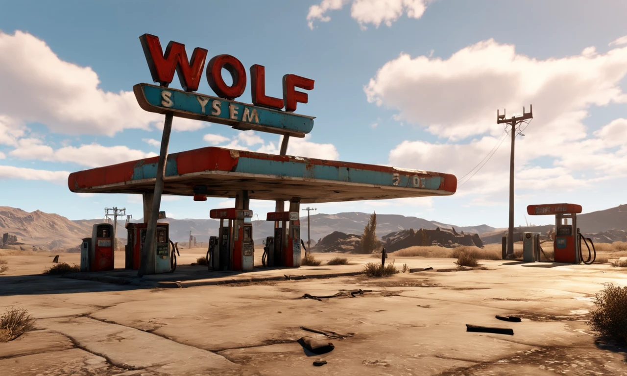 a photo of an abandoned gas station, sign, text "Wolf-Systems", <lora:falloutlandsdxl:0.7>, falloutlandsdxl, epic landscape, best quality, masterpiece, award-winning, trending on artstation