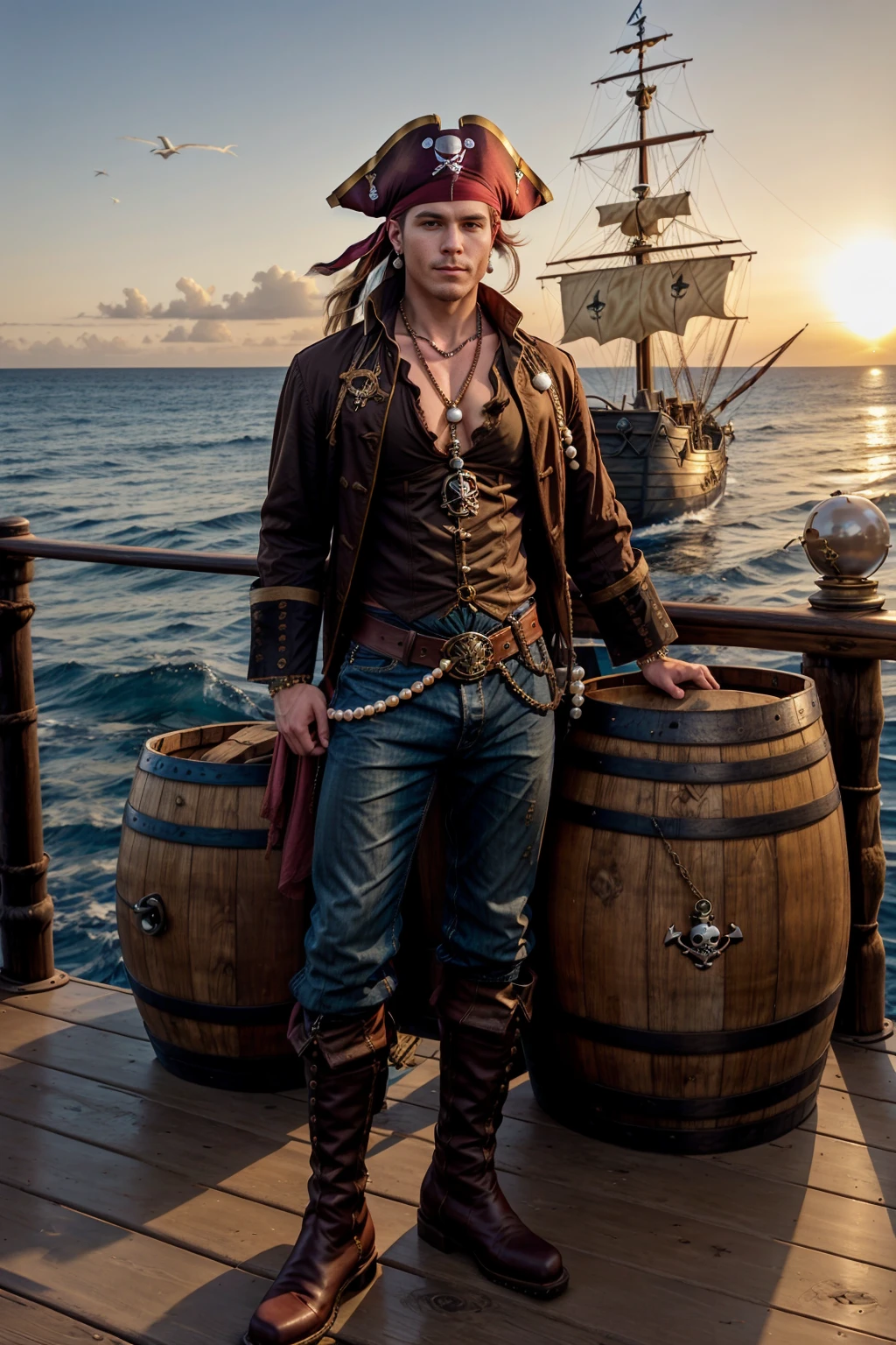 sunset over the ocean, pirate ship, golden hour, standing on dock beside a barrel, DrakeVon is sexypirate, shirt, pants, belt, boots, pirate hat, pearl necklace, earrings, (((full body portrait))), wide angle  <lora:DrakeVon:0.8>   <lora:Clothing - Sexy Pirate:0.6>