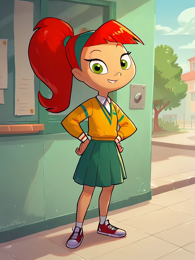 AtomicBetty, sneakers, 1girl, solo, red hair, green eyes, ponytail, skirt, outdoors, smile, school uniform, hairband, full body <lora:ABettyPony1.1:1>,hand on own hip,  score_9, score_8_up, score_7_up, score_6_up <lora:Smooth Anime Style LoRA XL:1>