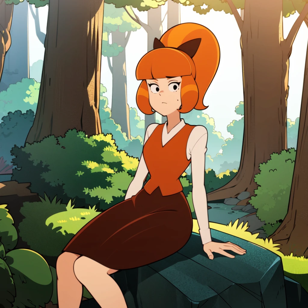 1girl, solo, Signorina Betty, black eyes, ponytail, hair bow, orange hair,  red vest, white shirt, long sleeves, skirt,   <lora:Signorina_Betty_Leaf2-10:0.8>,  cowboy shot, forest, looking at viewer, sitting, sitting on rock