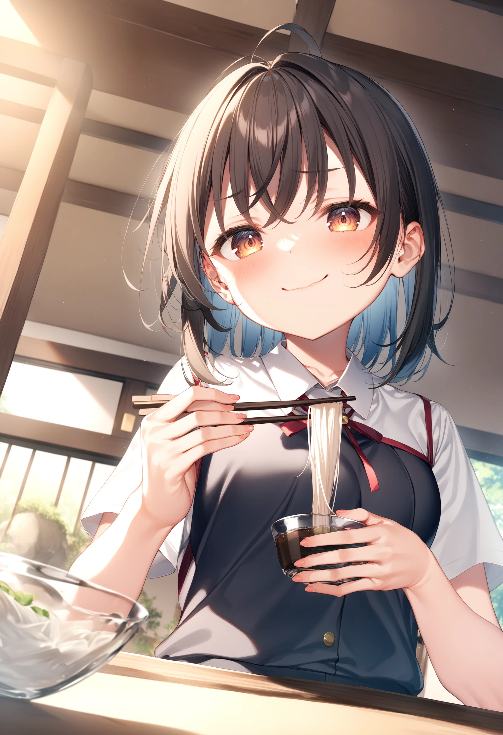 1girl, sincos, ningen mame, toosaka asagi,<lora:sdxl2-flat2-512b:-1>,medium breasts,school uniform, short sleeves,brown hair, brown eyes,
soumen, chopsticks, holding bowl, sitting,day, table, indoors, <lora:soumen_XL_v1:0.8>
from below, upper body, looking back, smug face, closed mouth,
masterpiece,best quality, very aesthetic, absurdres,