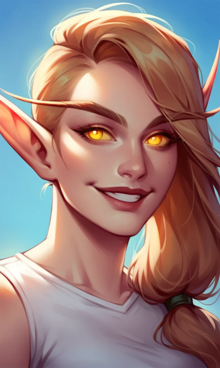 Lady Liadrin, elf, pointy long ears, light brown hair, ponytail, long eyebrows, yellow sclera, yellow eyes, glowing eyes, jeans, white shirt warcraft elf, masterpiece, score_9, score_8_up, score_7_up, score_6_up, score_5_up, score_4_up, <lora:Lady_Liadrin_world_of_warcraft_PonyDiffusion-000003 (1):0.5>, (close-up:1.2), smile, happy