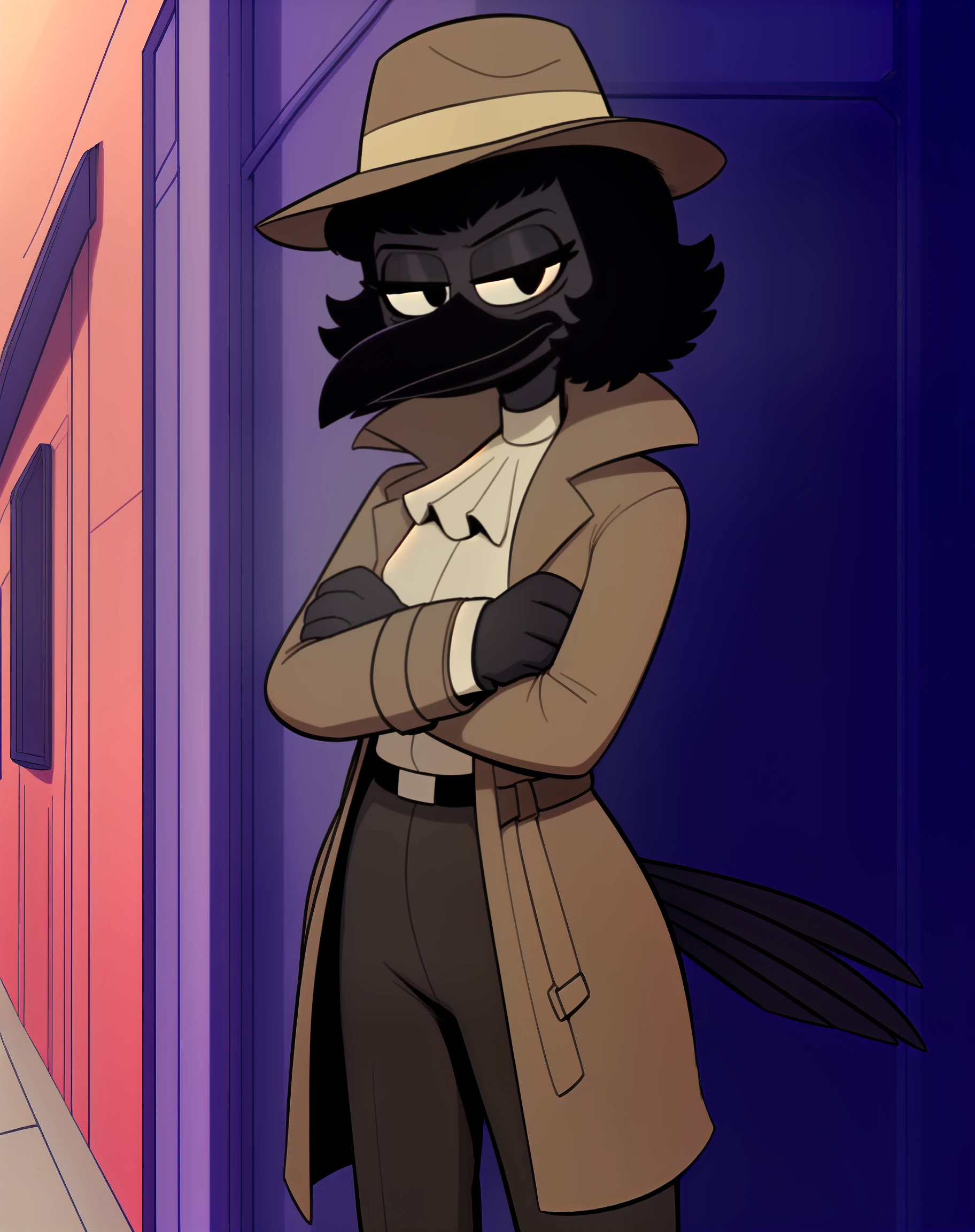 by sususuigi, by lenyavok, by the-minuscule-task, by drockdraw (detailed background, alley, masterpiece, high quality, three-quarter portrait) inspector tezuka, solo:1.2, (black skin, black body:1.3) (crow, dark beak, corvid, tail feathers, short hair, black hair:1.1) ( seductive, narrowed eyes, black eyes, three-quarter view, looking at viewer, eyeliner:1.3) (thick thighs, thin:1.2), (crossed_arms:1.3) (clothed, clothing, trenchcoat, frilled dress shirt, pants, belt, headwear, fedora, long sleeves, baggy clothing, shirt_cuffs:1.3) <lora:DrockFurXL:0.7>  <lora:Inspector Tezuka V1:0.6>