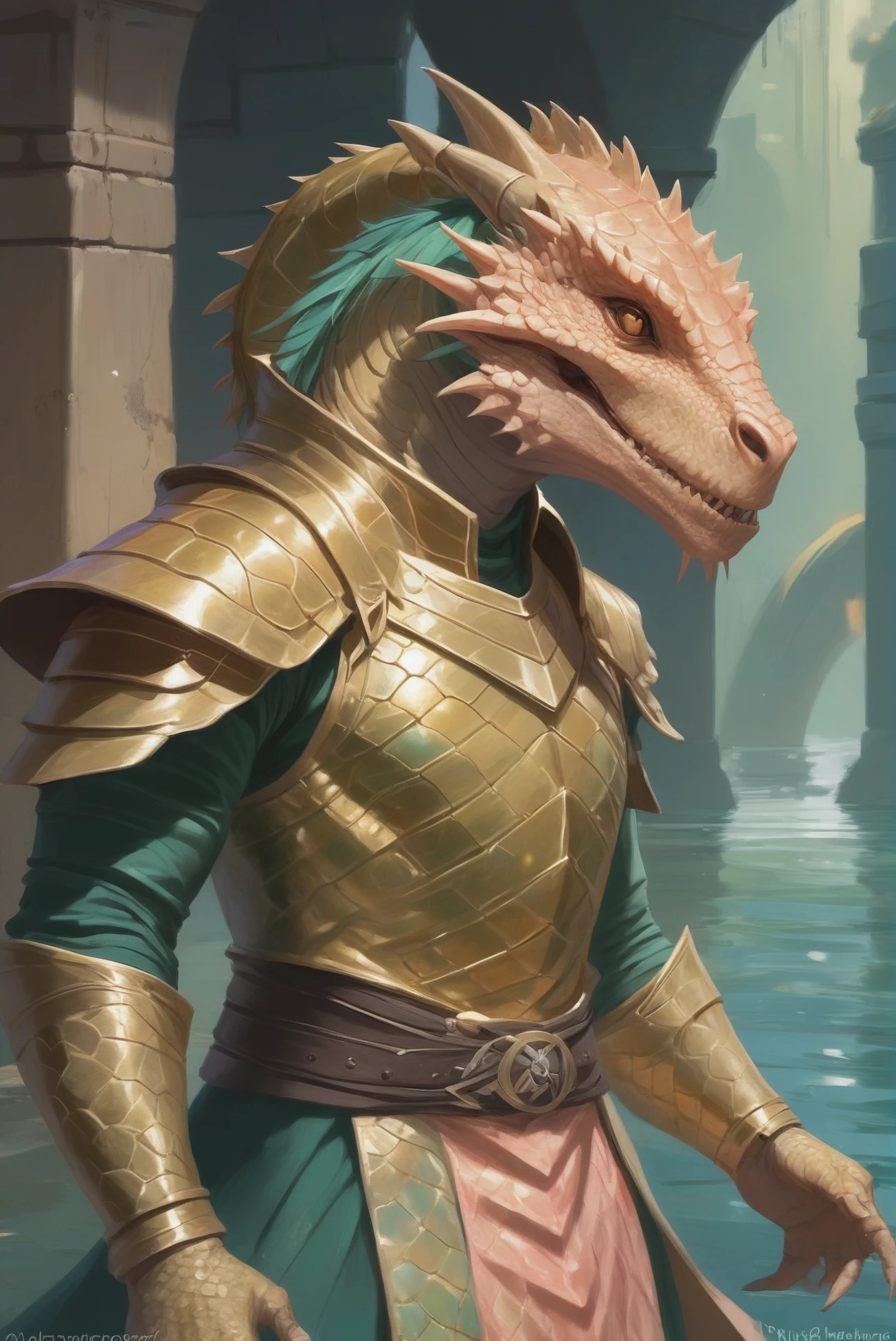 digital painting, male dragonborn sylvan ranger, reptilian skin, sparkling color:gold and pastel lightcoral scales, Subterranean Waterway \(room\) <lora:EnvyStarlightDragonborn01:1>