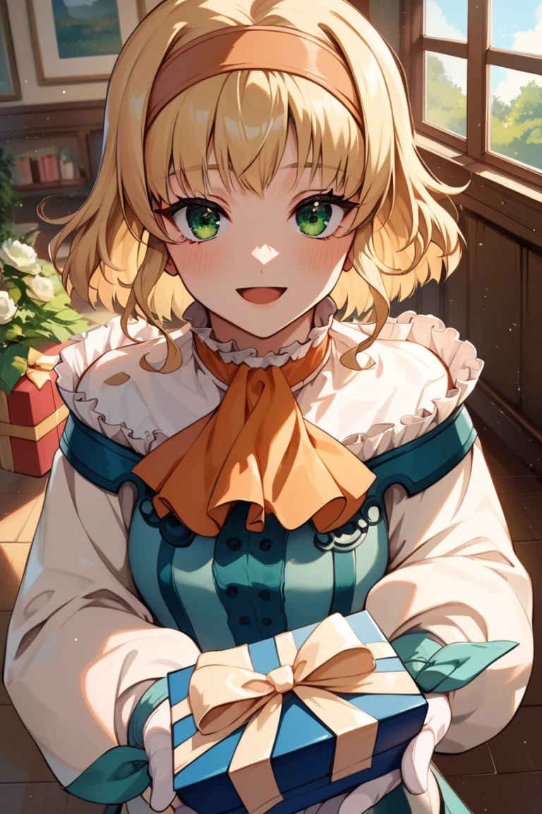 score_9, score_8_up, score_7_up, very aesthetic, source_anime, detailed, high quality, beautiful, masterpiece, detailed eyes,
<lora:lightXL:0.8>
room, indoor, light beams,
pov,
light smile, blush, open mouth, holding gift,
<lora:natalia_autismConfetti_v02:0.99>
natalia \(tales\), blonde hair, short hair, green eyes, bangs, hairband,
ascot, orange ascot, frills, thigh boots, pantyhose, frilled collar, white gloves, wrist bow,, zPDXL