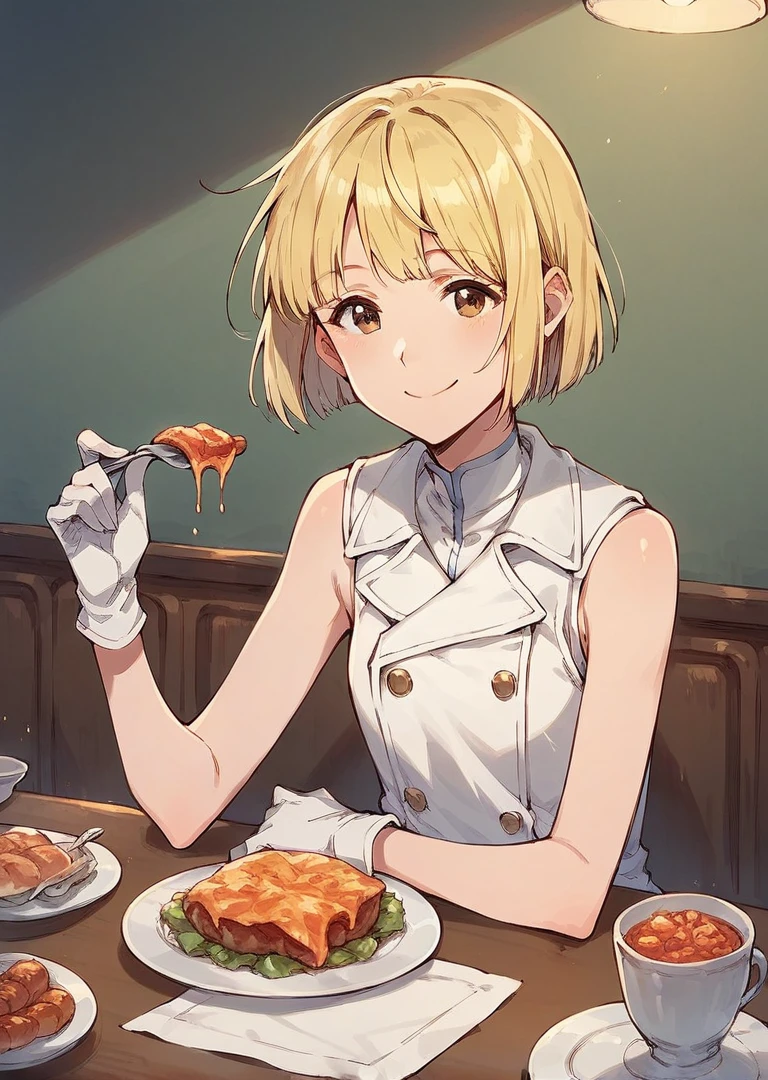 score_9, score_8_up, score_7_up, 1girl, solo, Liltotto, blonde hair, short hair, bob cut, brown eyes, 

white dress, sleeveless, military uniform, double breasted, gloves,  sitting at table, dinner table, dining room, food, smile



