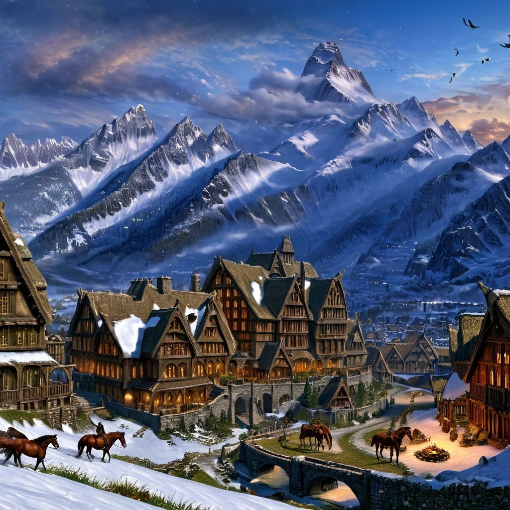 Masterpiece,absurd resolution,8k,high resolution, <lora:SkyrimLandscapes:0.8>, skyrimlandscapes, scenery, mountain, cloud, sky, outdoors, day, city,landscapes,landscape, tree, no humans, nature, house, horse, snow mountains,grass,bird,night,lights