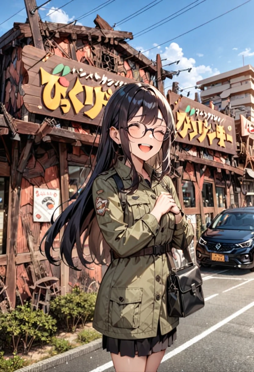 masterpiece, best quality, very aesthetic, absurdres,
1girl, solo, glasses, black hair, long hair, field jacket, ants, black bag, smile, laughing, looking at viewer, solo focus,
bikdonama, storefront, car, traffic cone, road, outdoors, sky, day, cloud, power lines, building, sign, real world location, utility pole, blue sky, road sign
<lora:bikkuri_donkey1_SDXL_V1:0.8>