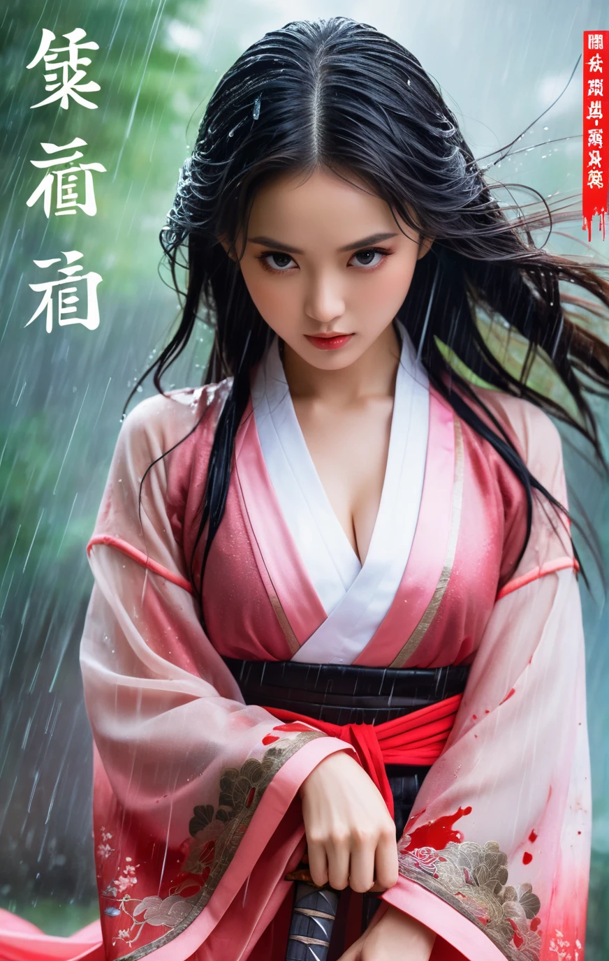 18 y.o beautiful girl and monster,transparent hanfu,masterpiece,best quality,eyes close-up,round face,(take the long sword:1.4),from_above,best fingers,facing viewer,magnificent,celestial,ethereal,painterly,epic,majestic,magical,fantasy art,cover art,dreamy,elegant,cinematic,background illuminated,rich deep colors,ambient dramatic atmosphere,creative,perfect,beautiful composition,intricate,detailed,
ink and wash,soft backlight,traditional chinese characters,magazine cover,pink long upper shan,heavy rain,exaggerated dynamic posture,wet clothes,glaring,angry,wet_hair,(wet body:1.3),battle posture,petite,skinny waist,chibi,cleavage,(blood:1.4),