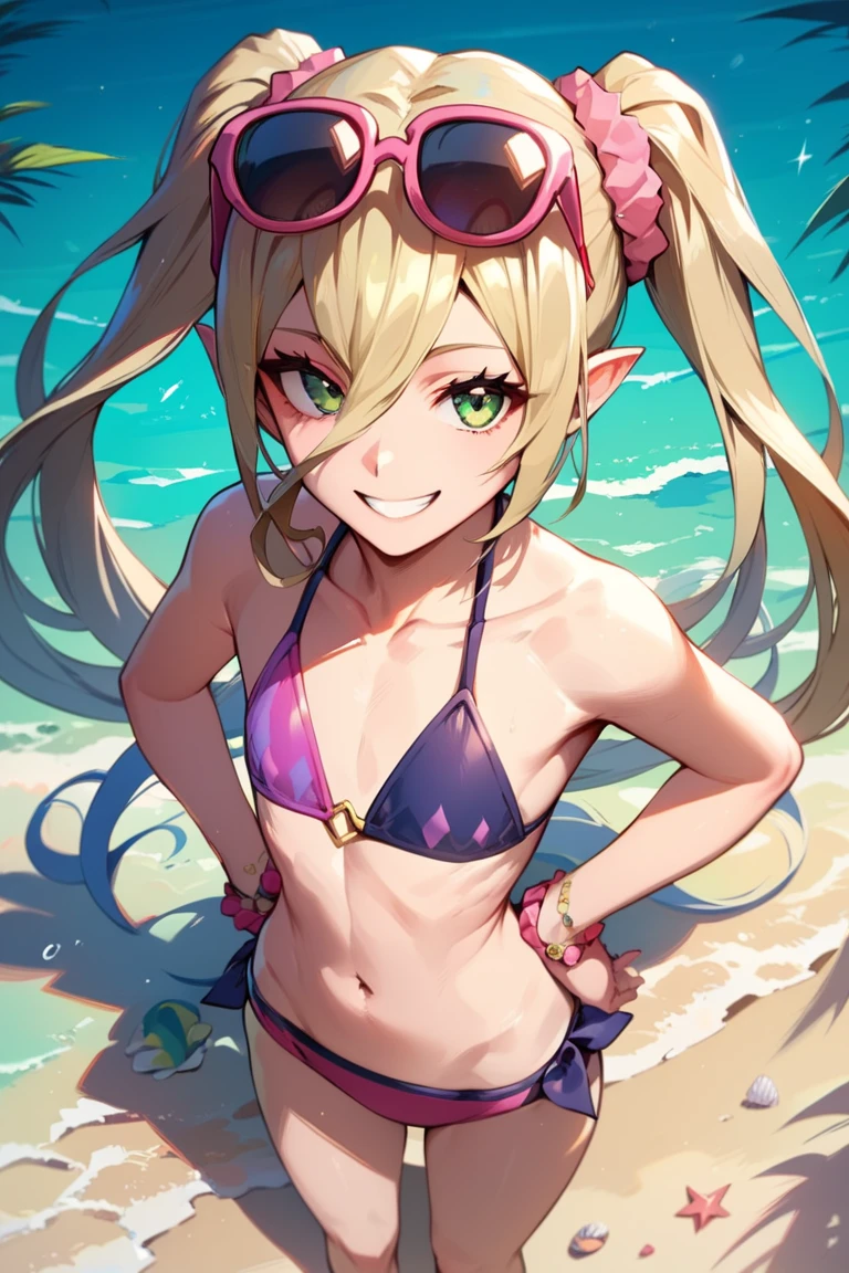 score_9, score_8_up, score_7_up, very aesthetic, source_anime, detailed, high quality, beautiful, masterpiece, detailed eyes,
beach, ocean, palms, light beams,
<lora:lightXL:0.8>
dynamic angle, from above, close up, upper body,
smile, grin, bending, hands on hip, looking at viewer,
<lora:magilou_autismConfetti_v01:0.95> flat chest,
magilou \(tales\), blonde hair, very long hair, green eyes, hair between eyes, pointy ears,
swimwear, purple bikini, eyewear on head, twintails, sandals, scrunchie,, zPDXL