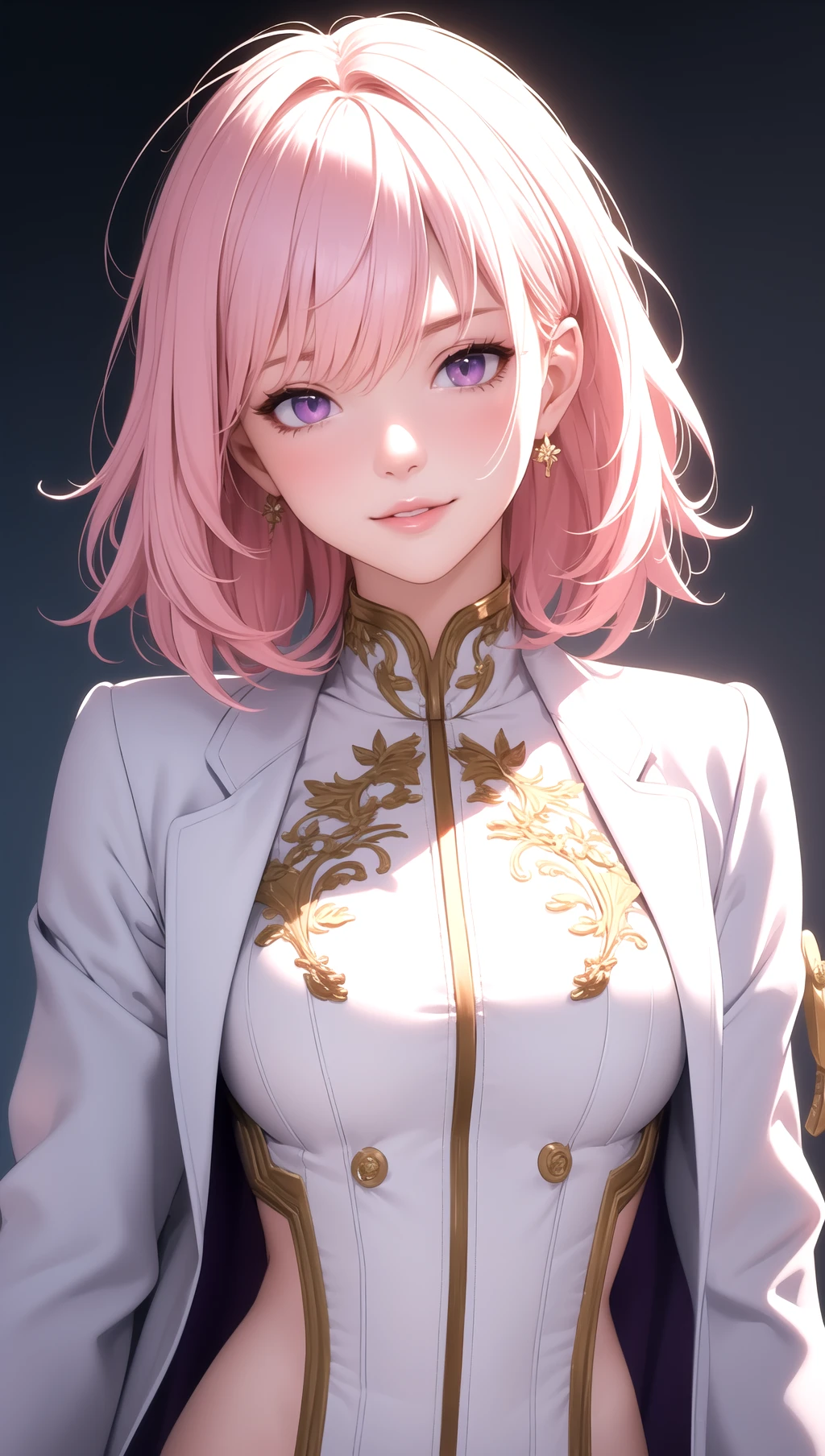 (masterpiece, best quality), intricate details, thin, ((slim)), beautiful girl, Light pink hair, white skin, light purple eyes, sharp jawline, cropped jacket, messy hair, lips, upper body, smirk